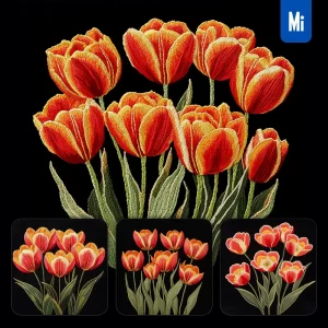 Midjourney Prompt Bright Red Yellow Tulip Group Flower Petals Chinese Silk Artistry Embroidery Pattern