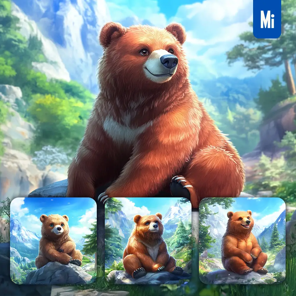 Midjourney Prompt Brown Bear Animation Cute Stone Wooded Mountain Sitting Rock Sky Painting