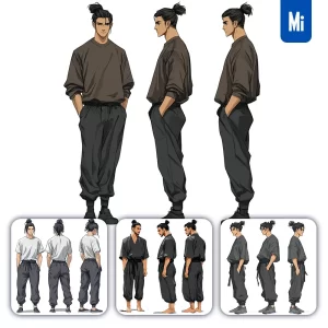 Midjourney Prompt Character Concept Design Bun Man Male Three Views Drawing
