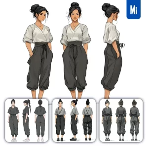 Midjourney Prompt Character Concept Design Woman Female Three Views Drawing
