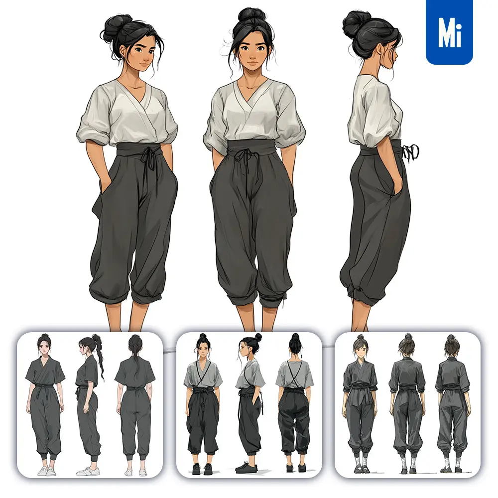 Midjourney Prompt Character Concept Design Woman Female Three Views Drawing