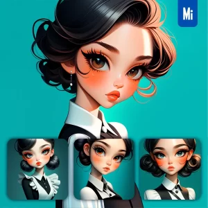 Midjourney Prompt Cyan Blue Girl Waitress Woman Female Lady Portrait Cartoon Illustration