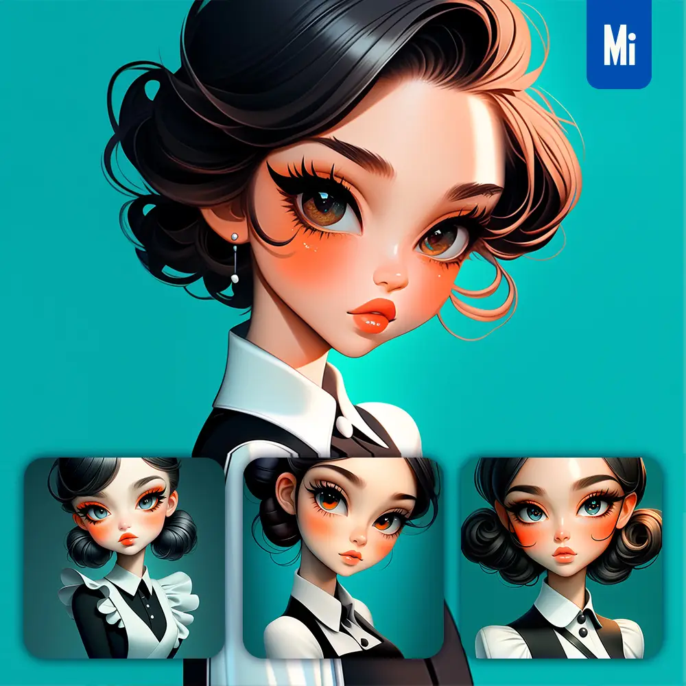 Midjourney Prompt Cyan Blue Girl Waitress Woman Female Lady Portrait Cartoon Illustration