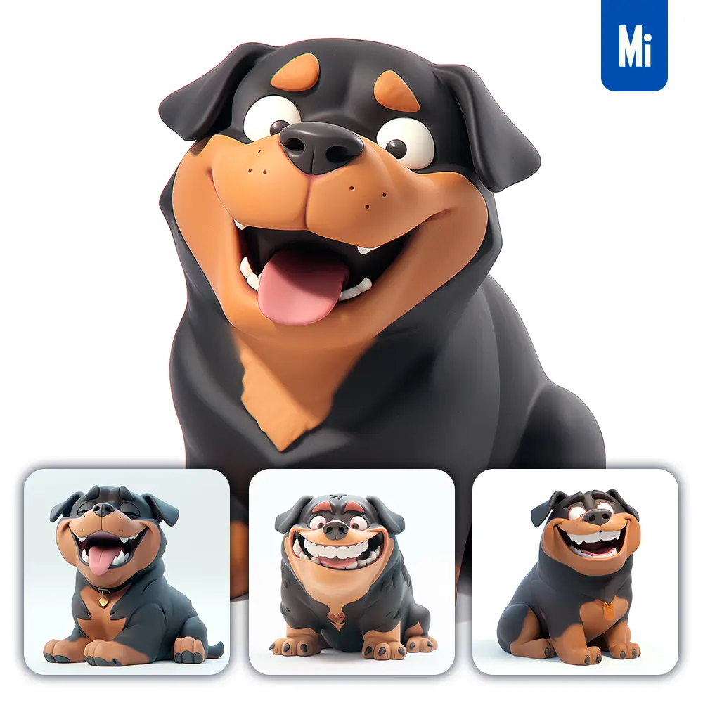 Midjourney Prompt Dog Rottweiler Popmart Blind Box 3D Cute Smile Sit Toy Cartoon C4D