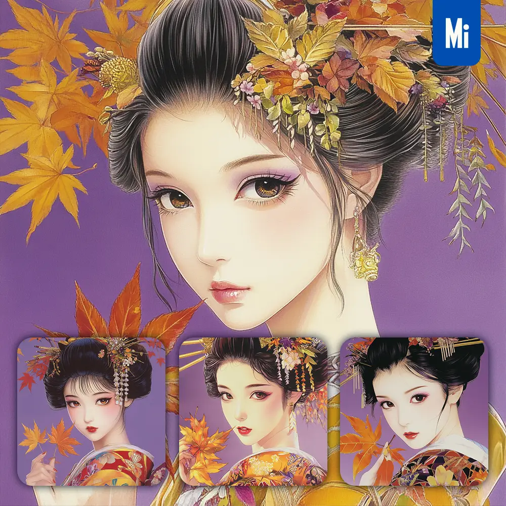 Midjourney Prompt Geisha Woman Kimono Traditional Attire Leaves Pattern Japanese Elegant Art Painting