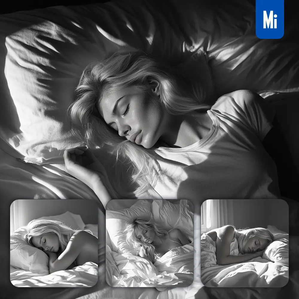 Midjourney Prompt Girl Woman Sleeping Sleep Sheet Light Morning Blonde Film Black and White Photography
