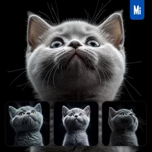 Midjourney Prompt Grey Blue Cat Kitten British Shorthair Head Face Front Look Up Portrait Photography