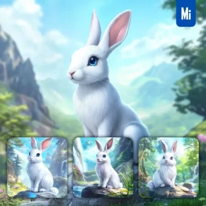 Midjourney Prompt Hare White Rabbit Animation Cute Stone Wooded Mountain Sitting Rock Sky Painting