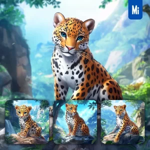 Midjourney Prompt Leopard Animation Cute Stone Wooded Mountain Sitting Rock Sky Painting
