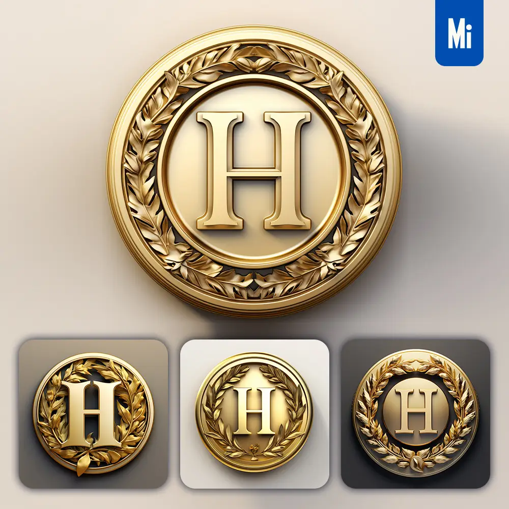 Midjourney Prompt Letter H Round Badge Logo 3D Rendering Gold Golden Metal