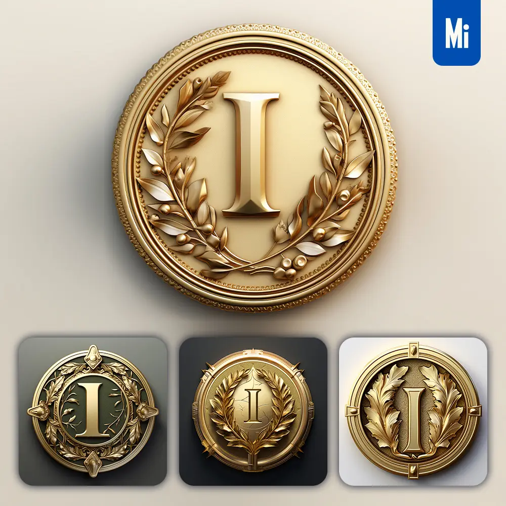 Midjourney Prompt Letter I Round Badge Logo 3D Rendering Gold Golden Metal