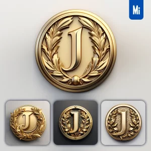 Midjourney Prompt Letter J Round Badge Logo 3D Rendering Gold Golden Metal