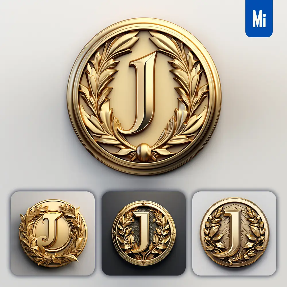 Midjourney Prompt Letter J Round Badge Logo 3D Rendering Gold Golden Metal