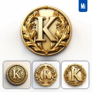 Midjourney Prompt Letter K Round Badge Logo 3D Rendering Gold Golden Metal