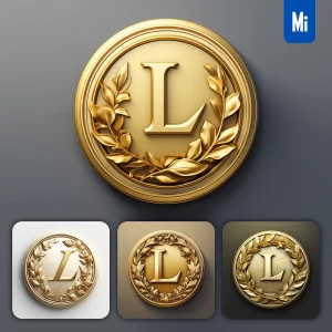 Midjourney Prompt Letter L Round Badge Logo 3D Rendering Gold Golden Metal
