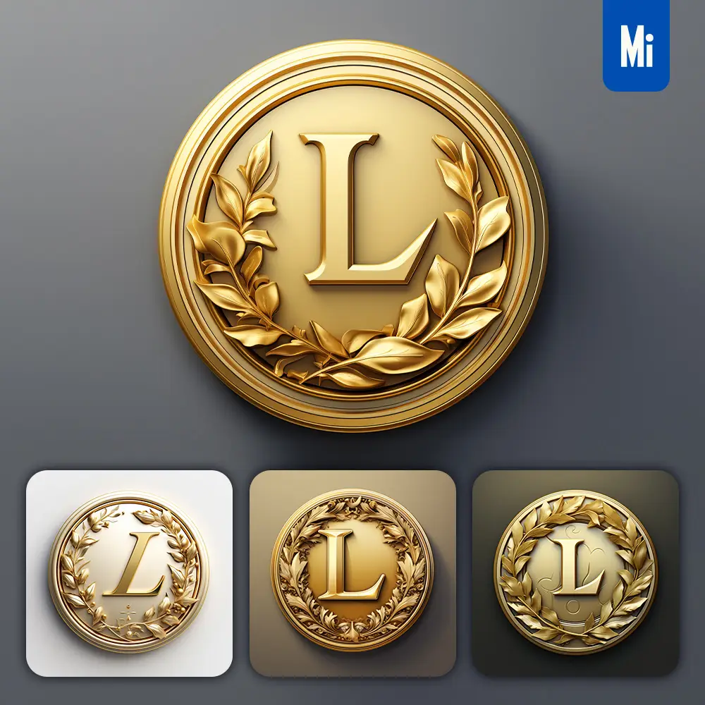 Midjourney Prompt Letter L Round Badge Logo 3D Rendering Gold Golden Metal