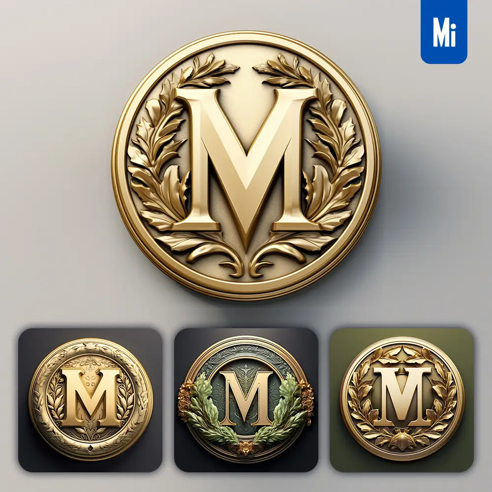 Midjourney Prompt Letter M Round Badge Logo 3D Rendering Gold Golden Metal