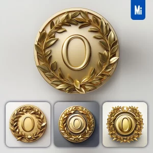 Midjourney Prompt Letter O Round Badge Logo 3D Rendering Gold Golden Metal