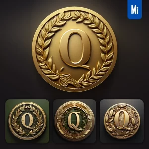 Midjourney Prompt Letter Q Round Badge Logo 3D Rendering Gold Golden Metal