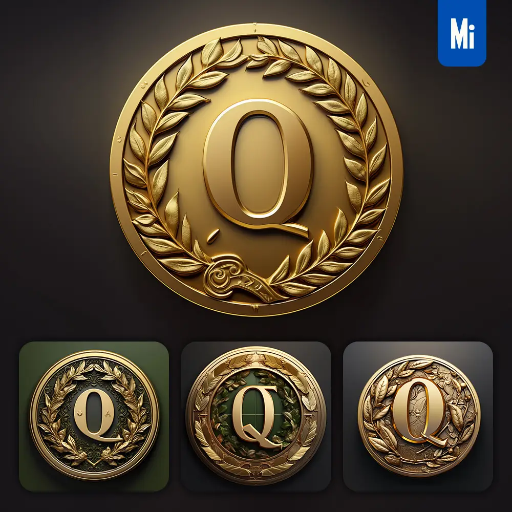 Midjourney Prompt Letter Q Round Badge Logo 3D Rendering Gold Golden Metal