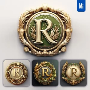 Midjourney Prompt Letter R Round Badge Logo 3D Rendering Gold Golden Metal