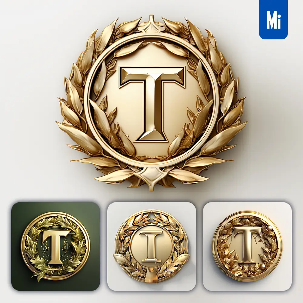 Midjourney Prompt Letter T Round Badge Logo 3D Rendering Gold Golden Metal