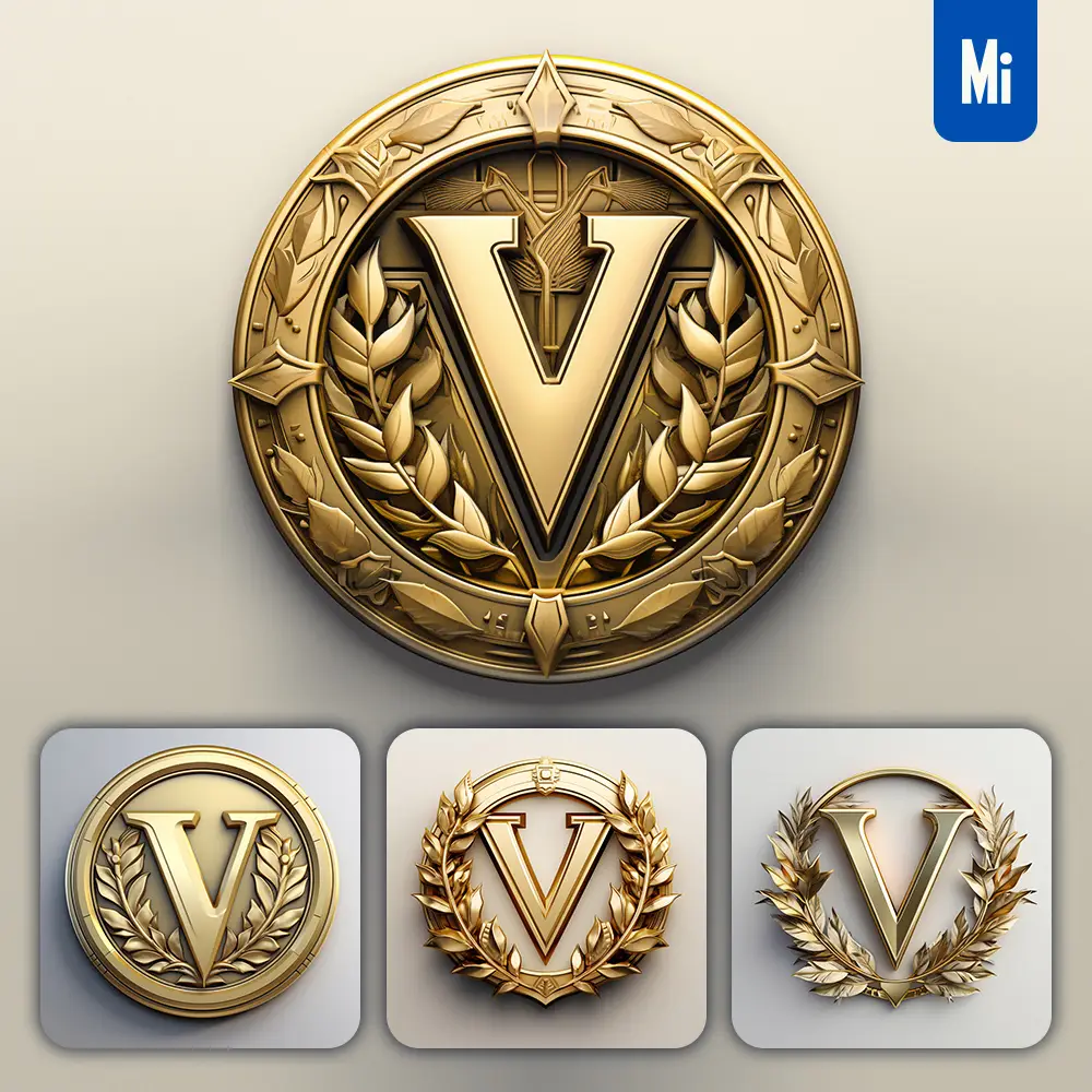 Midjourney Prompt Letter V Round Badge Logo 3D Rendering Gold Golden Metal