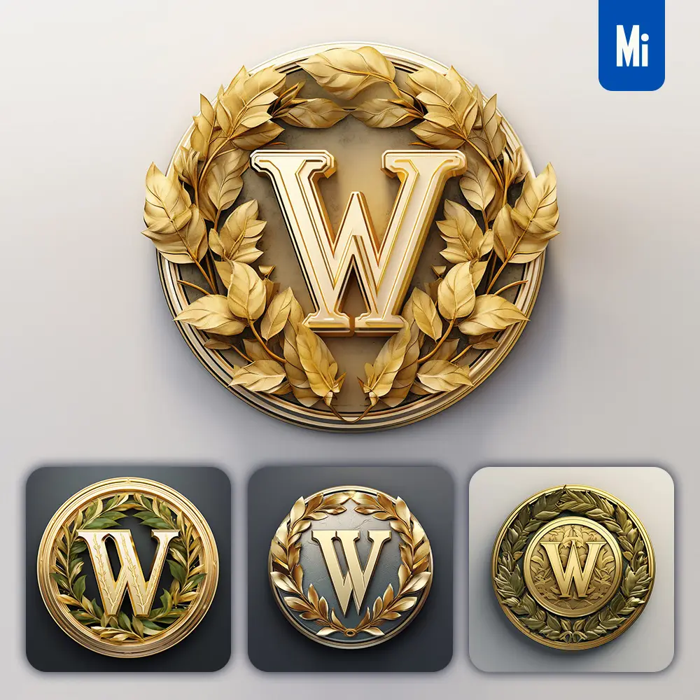 Midjourney Prompt Letter W Round Badge Logo 3D Rendering Gold Golden Metal