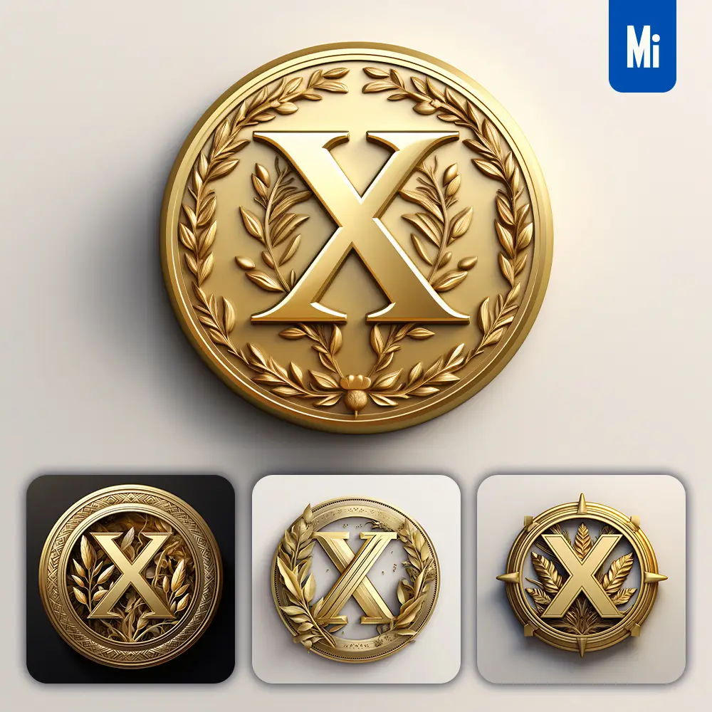 Midjourney Prompt Letter X Round Badge Logo 3D Rendering Gold Golden Metal