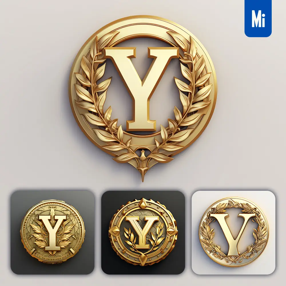 Midjourney Prompt Letter Y Round Badge Logo 3D Rendering Gold Golden Metal
