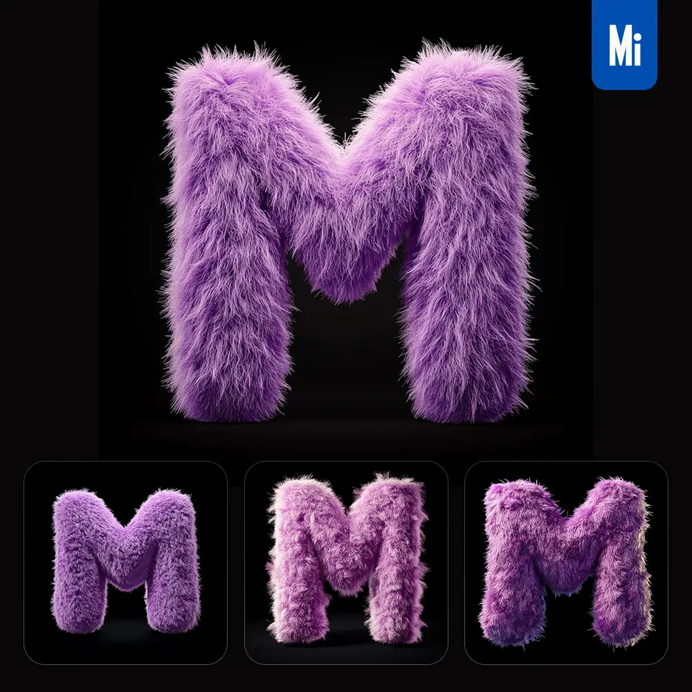 Midjourney Prompt Purple M Letter Plush Fluffy Cute 3D Toy