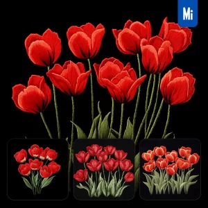 Midjourney Prompt Red Tulips Group Flower Petals Chinese Silk Artistry Embroidery Pattern