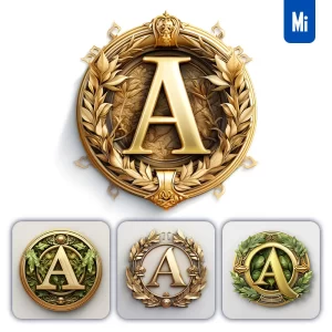 Midjourney Prompt Round Badge Letter a Logo 3D Rendering Gold Golden Metal