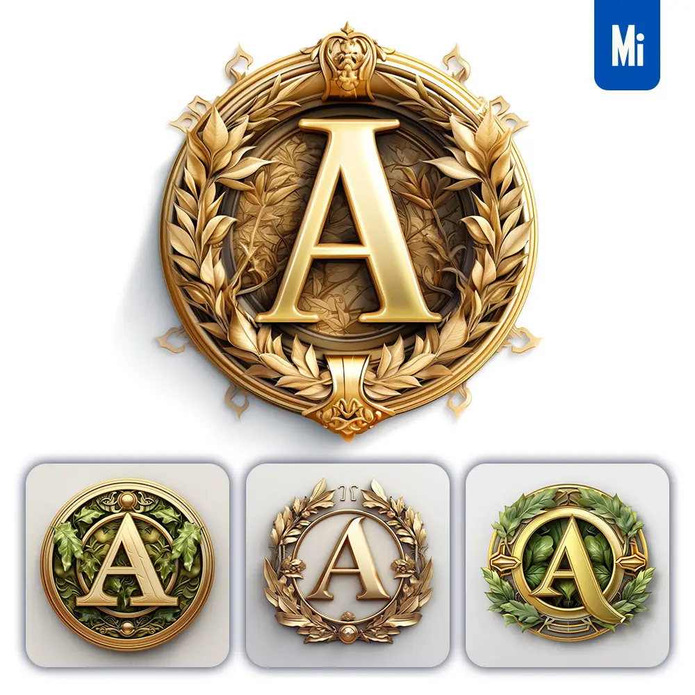 Midjourney Prompt Round Badge Letter a Logo 3D Rendering Gold Golden Metal