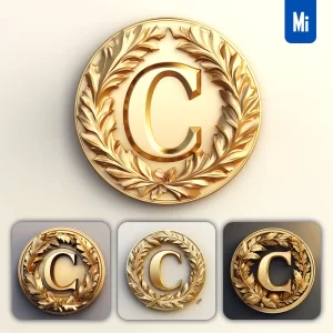 Midjourney Prompt Round Badge Letter C Logo 3D Rendering Gold Golden Metal