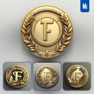 Midjourney Prompt Round Badge Letter F Logo 3D Rendering Gold Golden Metal