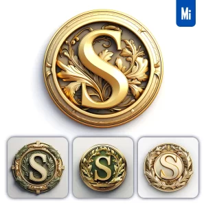 Midjourney Prompt Round Badge Letter S Logo 3D Rendering Gold Golden Metal