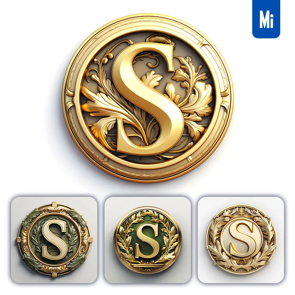Midjourney Prompt Round Badge Letter S Logo 3D Rendering Gold Golden Metal