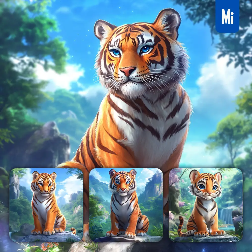 Midjourney Prompt Tiger Animation Cute Stone Wooded Mountain Sitting Rock Sky Painting