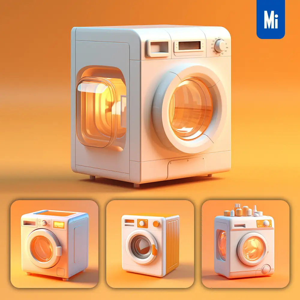 Midjourney Prompt Washing Machine Clothes Dryer 3D Icon White Orange Appliances
