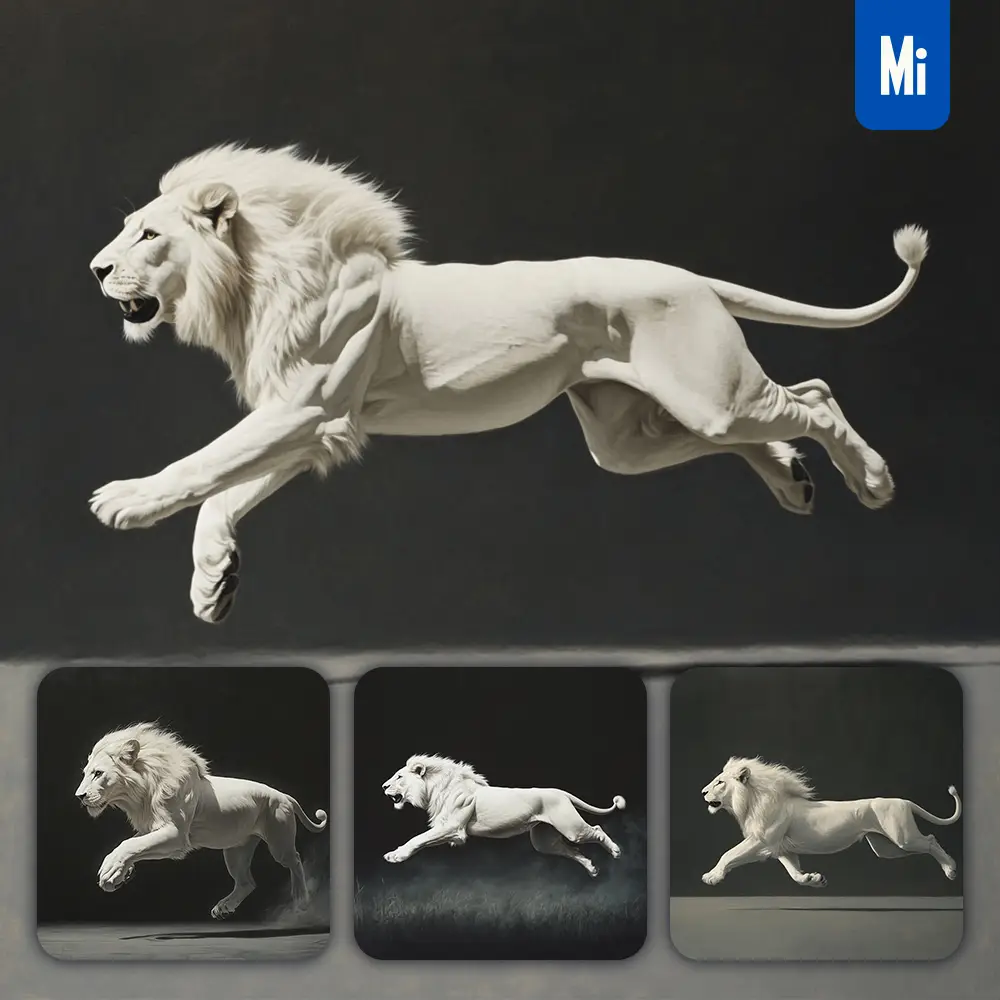 Midjourney Prompt White Lion Jump Running Sketch Detail Oil Painting Photography