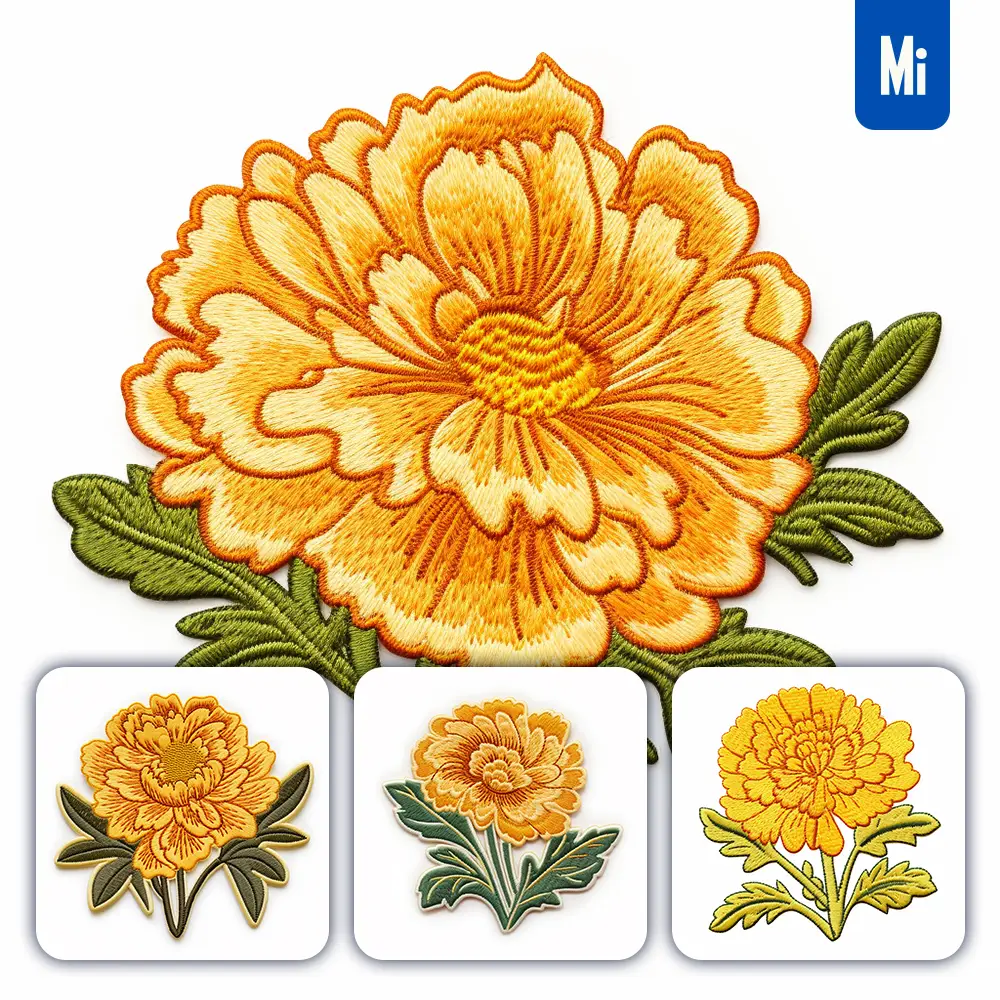 Midjourney Prompt Yellow Marigold Flower Flat Embroidery Fabric Gradient