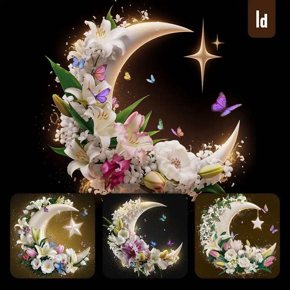 Ideogram Prompt Moon Crescent Star Flower Jasmine Lily Tulip Butterfly Night