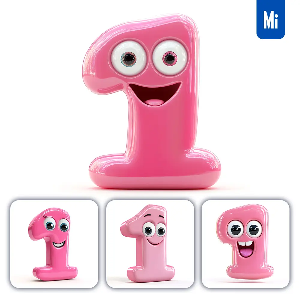 Midjourney Prompt 1 Pink Number Cute Cartoon 3D Smile Eyes Icon
