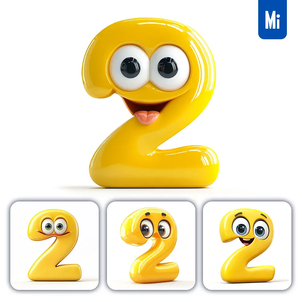 Midjourney Prompt 2 Yellow Number Cute Cartoon 3D Smile Eyes Icon