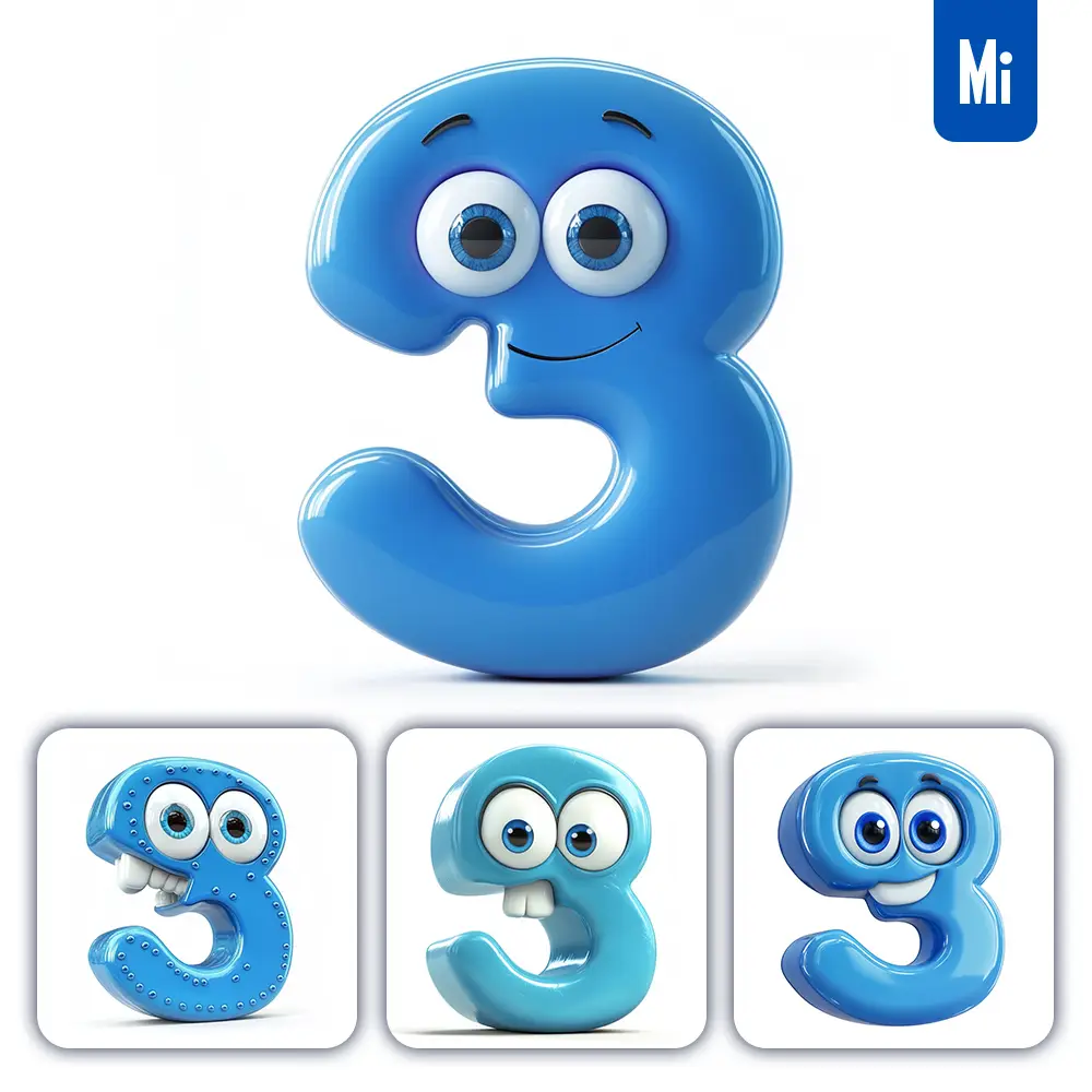 Midjourney Prompt 3 Blue Number Cute Cartoon 3D Smile Eyes Icon