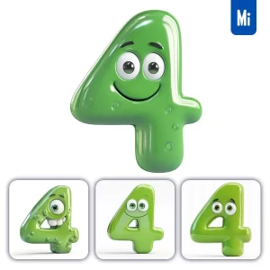 Midjourney Prompt 4 Green Number Cute Cartoon 3D Smile Eyes Icon