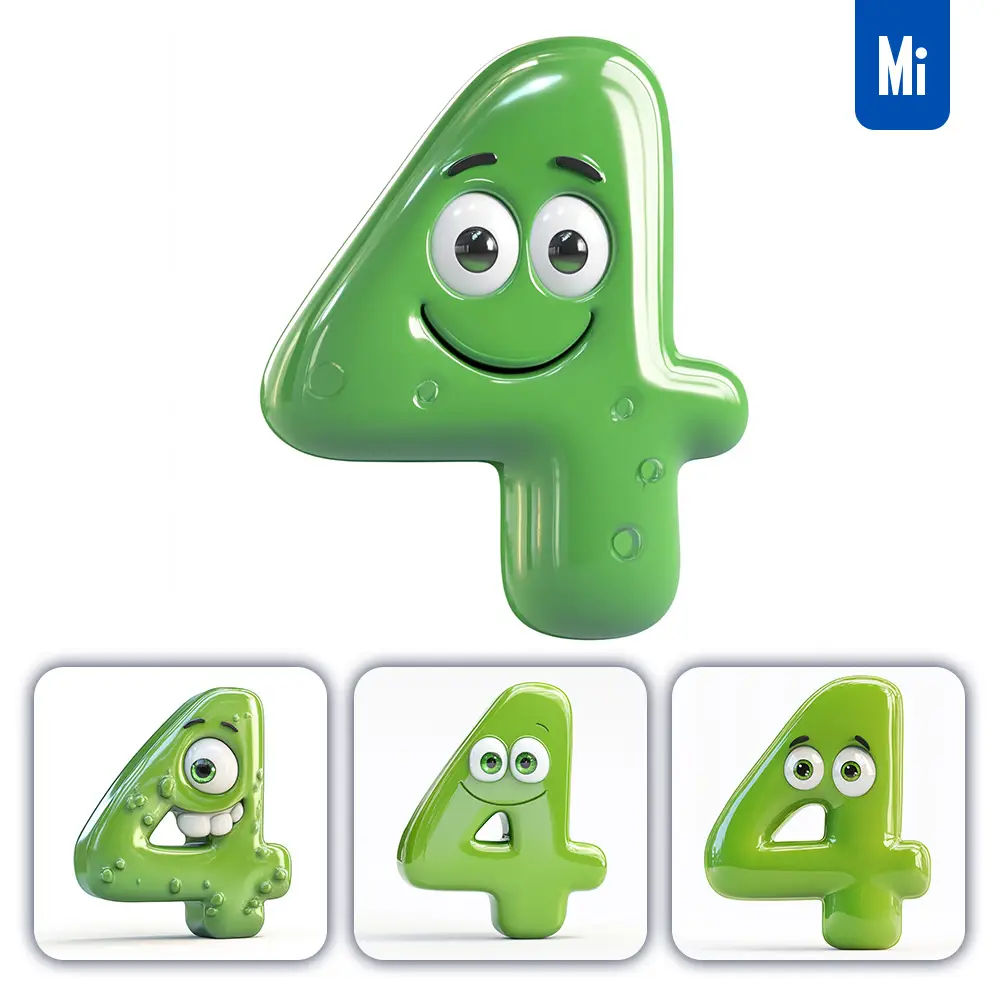 Midjourney Prompt 4 Green Number Cute Cartoon 3D Smile Eyes Icon