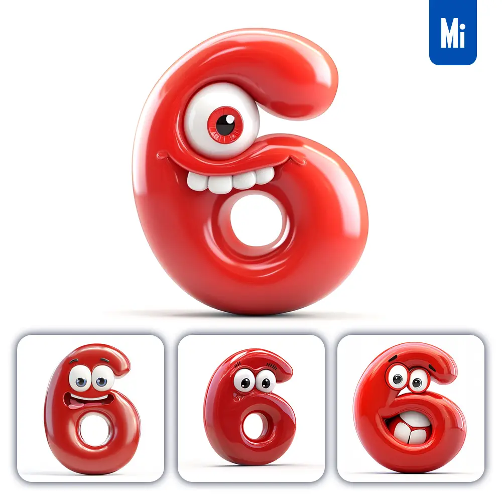 Midjourney Prompt 6 Red Number Cute Cartoon 3D Smile Eyes Icon