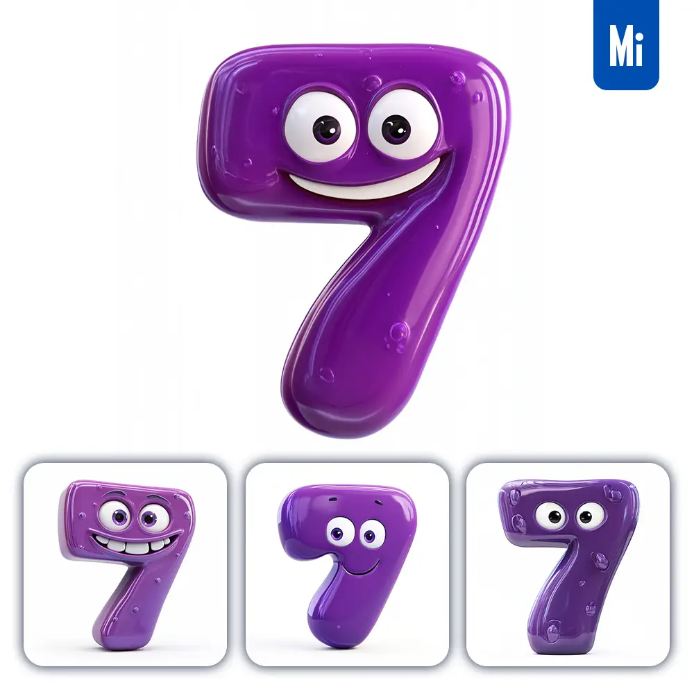 Midjourney Prompt 7 Purple Number Cute Cartoon 3D Smile Eyes Icon